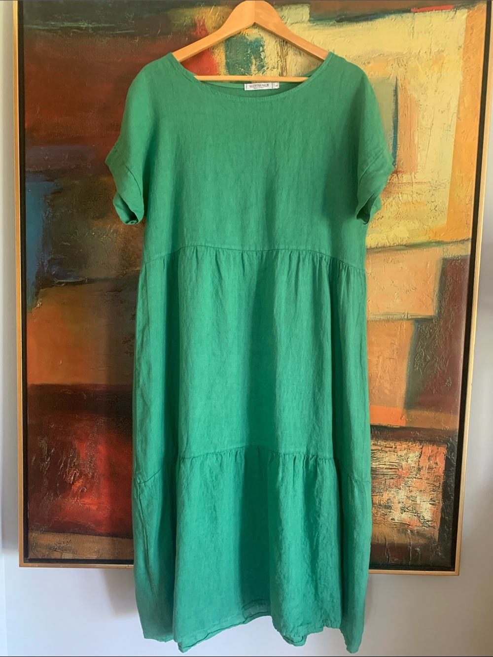 Valentina Naldi Green Tiered Linen Midi Dress Made in Italy, Sz L